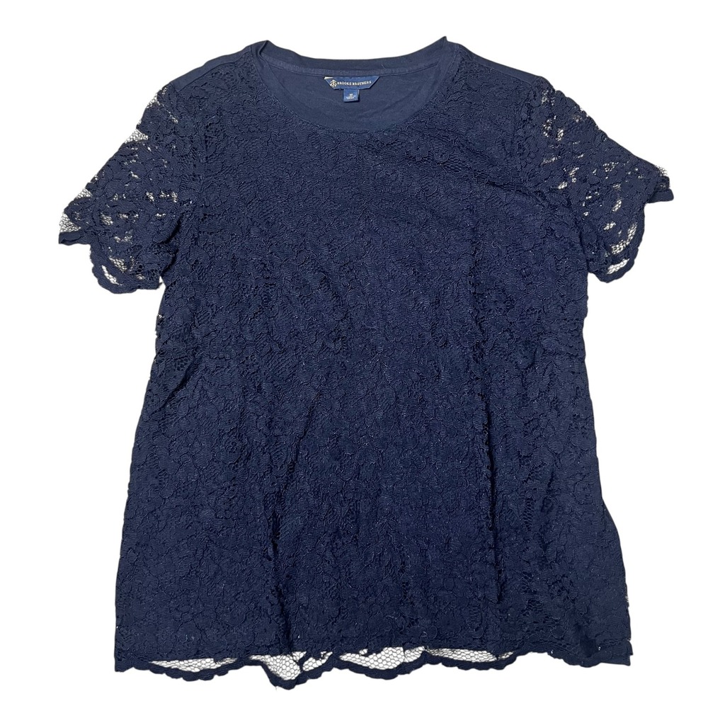 Brooks Brothers Navy Blue Floral Lace Overlay Short Sleeve Top Crew Neck Medium